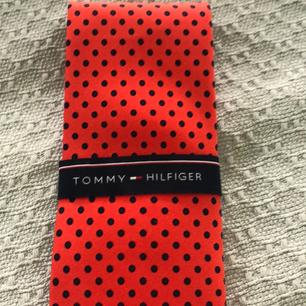 Tommy Hilfiger Orange Tie with Navy Polka dots NWT